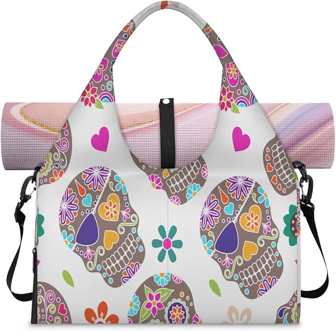 Sugar Skull Flower Heart Yoga Gym Bag for Women Men with Shoe Compartment Yoga Mat Bag Large Duffel Bag Sport Tote for Travel Pilates Workout Beach Office - sugar skull yoga mat