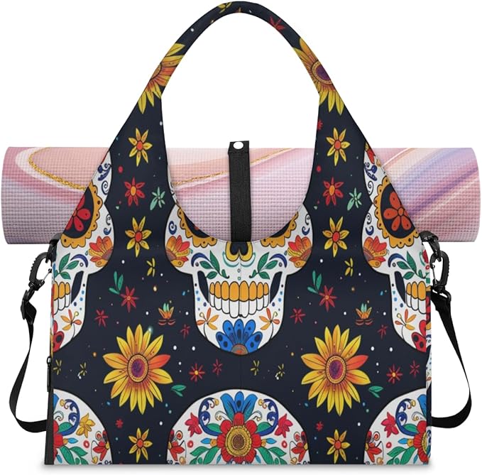 Sugar Skulls Flowers Yoga Gym Bag for Women Men with Shoe Compartment Yoga Mat Bag Large Duffel Bag Sport Tote for Travel Pilates Workout Beach Office - sugar skull yoga mat