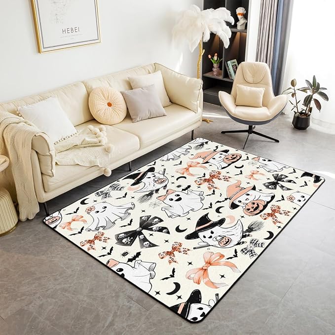 Halloween Ghost Decorations Bow 3x5 Area Rug Halloween Bats Rugs for Living Room | Gothic Pumpkin Lantern Moon Washable Rug, Spooky Spider Web Sugar Skull Carpet Indoor Floor Mat,Beige - sugar skull area rug