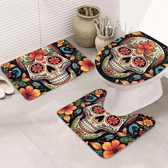 Bathroom Rugs Sets 3 Piece Soft Absorbent Bath Mats for Bathroom U-Shaped Contour Rug and Toilet Lid Cover Colorful Sugar Skull Bath Mat Non-Slip Area Rug Machine Washable Toilet Rug Floor Mats - sugar skull toilet mat set