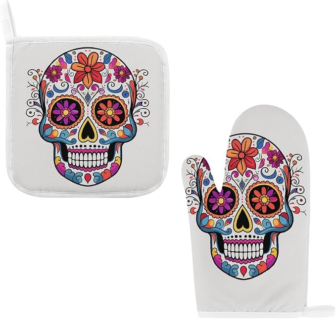 Oven Mitts and Pot Holders 2PCS Set Heat Resistant Thick Sugar Skull Potholders & Oven Gloves with Soft Cotton Lining Non-Slip Kitchen Essentials, Hot Pad Mat for Cooking Baking BBQ - sugar skull oven mitts