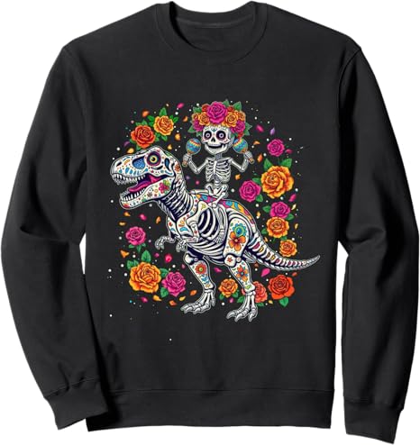 Skeleton Dinosaur Day of the Dead Sugar Skull Tee - sugar skull sweatshirt womens