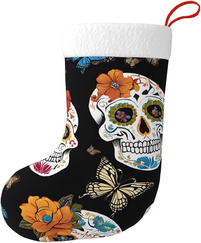 Sugar Skulls Printed Oversized 17.7 Inch Christmas Stocking Plush Flannel Cuff Hanging Loop for Xmas Tree Fireplace Gift - sugar skull christmas decorations