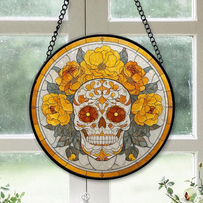 Sugar Skull and Marigolds Stained Glass Suncatcher Window Hanging, Christmas 2025 Gift, Colorful Glass Art Decor for Home, Gift for Family, Friends, Men & Women r7Zn33 - sugar skull wine glass