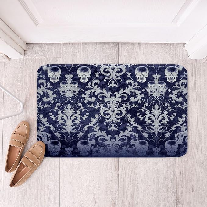 Erosebridal Vintage Bathroom Rugs 20" x 32" Damask Bath Mat Floral Victorian Sugar Skull Gothic Doormat Baroque Skeleton Halloween Floral - sugar skull toilet mat set