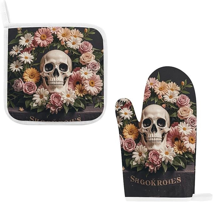 Oven Mitts and Pot Holders 2PCS Set Heat Resistant Thick Bonsai Tree Sugar Skull Potholders & Oven Gloves with Soft Cotton Lining Non-Slip Kitchen Essentials, Hot Pad Mat for Cooking Baking BBQ - sugar skull oven mitts