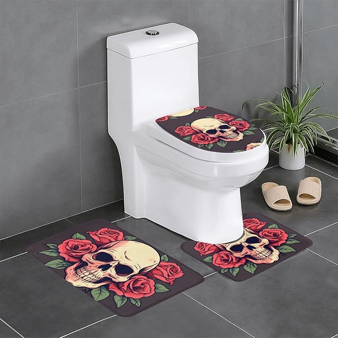 Three-piece floor mat set Day Of The Dead Sugar Roses Skull Printed water-absorbent and non-slip for bathrooms toilets and kitchens - sugar skull floor mat