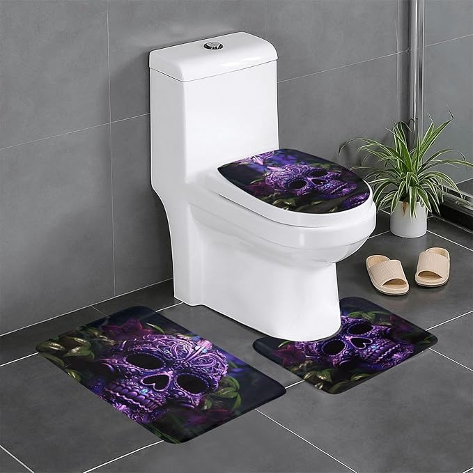 Three-piece floor mat set Purple Floser and sugar Horror Skull Printed water-absorbent and non-slip for bathrooms toilets and kitchens - sugar skull floor mat
