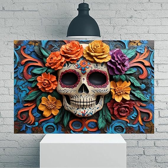 Carved Floral Sugar Skull Vintage Rustic Canvas Wall Art - 12x18in Unframed Poster- Idea Gift For Home & Office Decor for Living Room, Bedroom, Kitchen & Cafe - sugar skull poster print