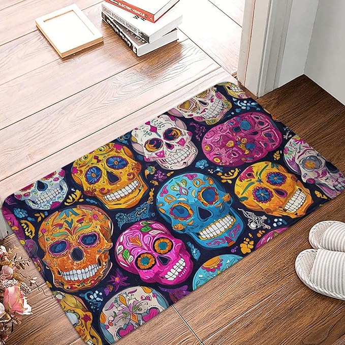 Door Mat Outside Entrance Low Profile Heavy Duty Welcome Mat Sugar Skulls Doormat Non-Slip Absorbent Bathroom Rugs Washable Floor Mats Doormat for Entryway Front Door Porch Decor 16x24 Inch - sugar skull floor mat