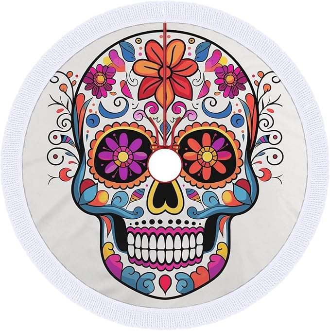Sugar Skull Christmas Tree Skirt - 30"x30" Xmas Tree Skirt Decor Mats with White Tassels, Indoor Outdoor Home Decor for Farmhouse Rustic Xmas Holiday Indoor Decorations - sugar skull christmas decorations