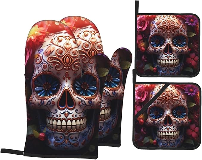 Sugar Horror Skull and Flowers Prints Kitchen Baking 4-Piece Set - Insulated Oven Mitt and Pot Holders Anti-scalding and Heat Insulation - sugar skull oven mitts