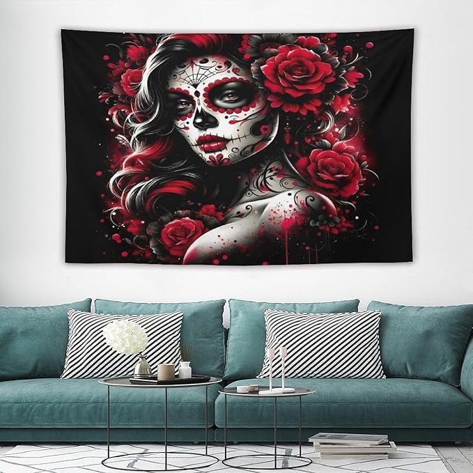 OBLUE Sugar Skull Red Rose Day of The Dead Tapestry Tapestries Wall Hanging Poster Home Decor for Bedroom Living Room 60X40 Inches - sugar skull poster print