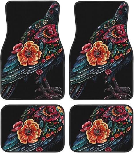 Car Mats Set of 4 Crow in Sugar Skull Flower Pattern Floor Mats for Cars Universal Front Rear Vehicle Rugs Auto Accessories for Truck Sedan - sugar skull car floor mats