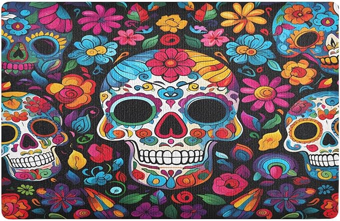 ALAZA Sugar Skull Day of Dead Front Door Mat Outside Entrance 32x20 Inch Doormat for Indoor Outdoor Washable Non Slip Floor Mats - sugar skull area rug