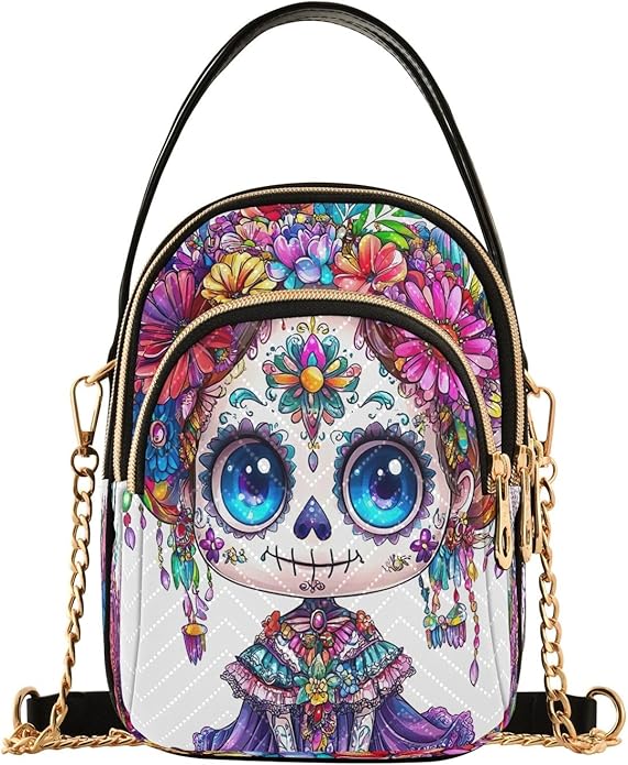 Cute Female Sugar Skull Quilted Crossbody Handbag with Chain Strap, Small Shoulder Bag for Women Travel and Daily Use - sugar skull handbags for sale