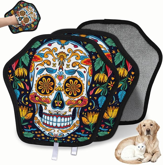 Sugar Skull Mexican 2Pcs Electrostatic Reusable Pet Hair Removal Grooming Glove for Car Seat Sofa Carpet Clothing Washable Pet Hair Remover Tool for Cats Dogs - sugar skull car pet seat cover