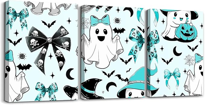 Halloween Ghost Decorations Bow Pictures Wall Decor Halloween Bats 3 Piece Framed Wall Art for Living Room 16" L x 12" W Each, Gothic Pumpkin Lantern Moon Spooky Spider Web Sugar Skull Posters,Teal - sugar skull poster print