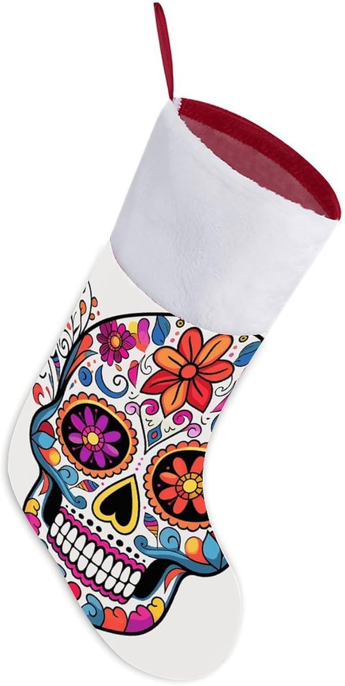 Classic Sugar Skull Christmas Stockings Plush Xmas Stockings for Holiday Party Red Xmas Decoration Stocking for Christmas Tree Fireplace Hanging Ornaments Home Decorations 16.5 Inch - sugar skull christmas decorations