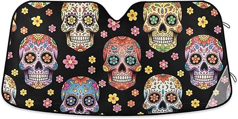Car Windshield Sunshade Colorful Sugar Skulls Floral Black, Foldable Front Window Cover, Sun Cover for Car Windshield - 53×23.5 Inches M - sugar skull car pet seat cover