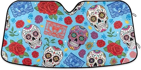 Sunshade for Car Windshield Colorful Sugar Skulls Blue, Foldable Front Window Cover, Car Reflector Sun Shade - 53×23.5 Inches - sugar skull car pet seat cover