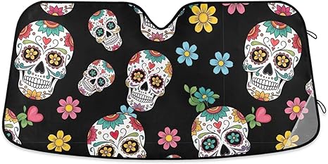 Windshield Sun Shade Colorful Sugar Skulls, Foldable Front Window Cover, Car Reflector Sun Shade - 53×23.5 Inches - sugar skull car pet seat cover