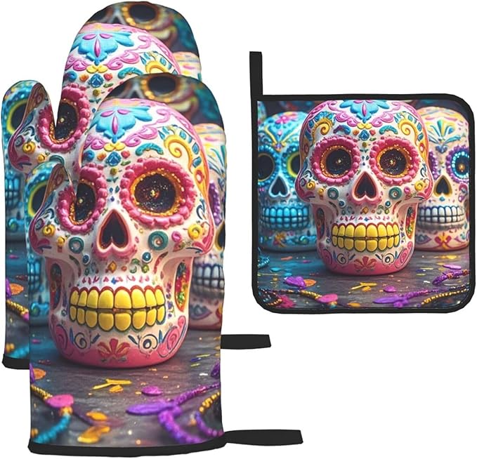 Oven Mitts and Pot Holders Sets of 3 Heat Resistant BBQ Gloves Sugar Skulls Oven Mitts Gloves Non-Slip Kitchen Mittens Potholders for Cooking Baking Grilling BBQ Microwave - sugar skull oven mitts