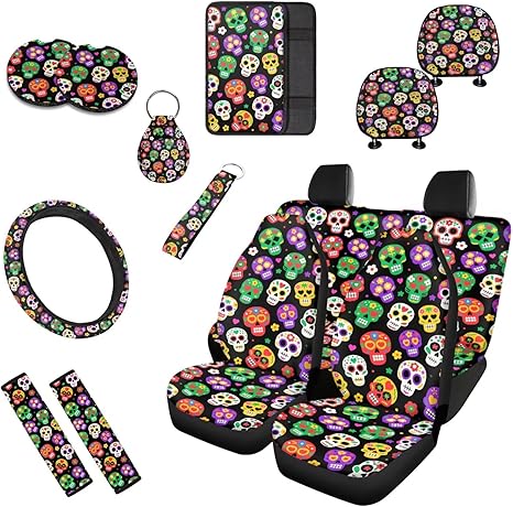 Colorful Sugar Skull Car Seat Covers Set of 13, Cute Sugar Skull Steering Wheel Cover Armrest Cover Seatbelt Covers Cup Mats, Day of Dead Easy to Install Car Seat Cover Set - sugar skull car pet seat cover