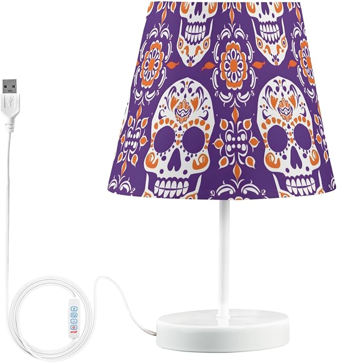 ALAZA Table Lamp Purple Skeleton Skull Sugar Bedside Lamp for Bedroom LED Nightstand Desk Lamp with USB Port, 3 Way Temperatures - sugar skull table lamp