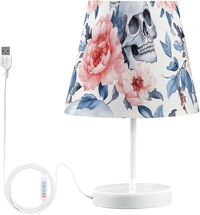 ALAZA Table Lamp Skeleton Skull Sugar Pink Rose Bedside Lamp for Bedroom LED Nightstand Desk Lamp with USB Port, 3 Way Temperatures - sugar skull table lamp