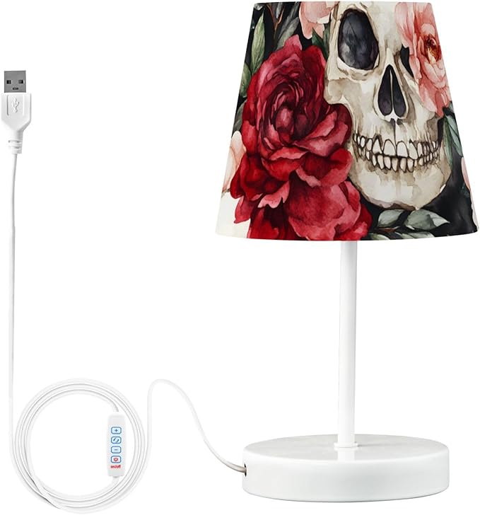 ALAZA Bedside Lamp Skeleton Skull Sugar Rose Table Lamp for Bedroom Desk Lamp with USB Port LED Nightstand 3 Color Temperatures - sugar skull table lamp