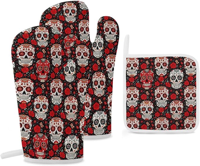 Day Dead Floral Rose Sugar Skull Oven Mitts and Pot Holders Sets of 3, Heat Resistant Non Slip Kitchen Gloves Hot Pads - sugar skull oven mitts