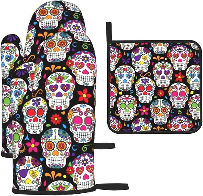 Sugar Skulls Printing Oven Mitts and Pot Holders 3pcs Set Glove High Heat Resistant for Kitchen Cooking - sugar skull oven mitts