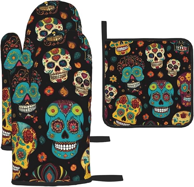 Sugar and Skulls Printing Oven Mitts and Pot Holders 3pcs Set Glove High Heat Resistant for Kitchen Cooking - sugar skull oven mitts