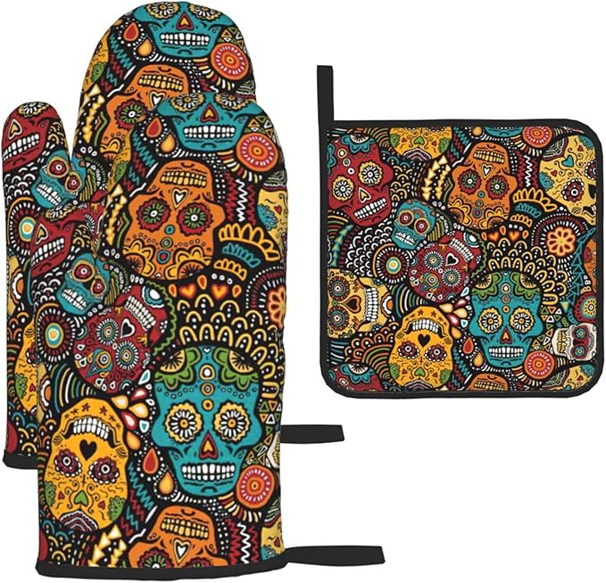 Sugar and Skulls Style Printing Oven Mitts and Pot Holders 3pcs Set Glove High Heat Resistant for Kitchen Cooking - sugar skull oven mitts