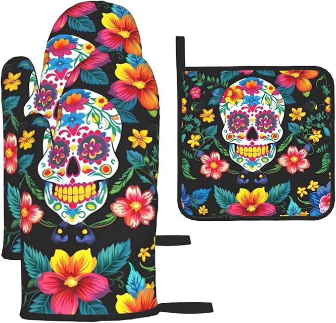 Sugar Skulls Flowers Printing Oven Mitts and Pot Holders 3pcs Set Glove High Heat Resistant for Kitchen Cooking - sugar skull oven mitts