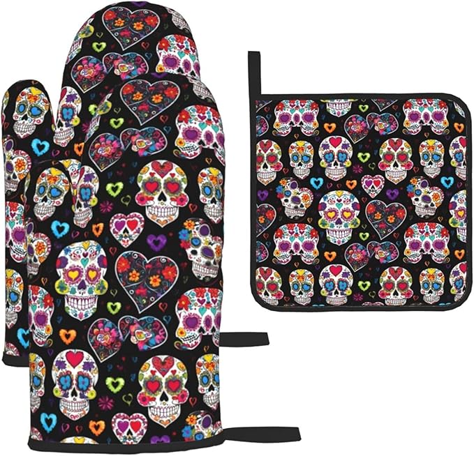 Sugar Skulls Printing Oven Mitts and Pot Holders 3pcs Set Glove High Heat Resistant for Kitchen Cooking - sugar skull oven mitts