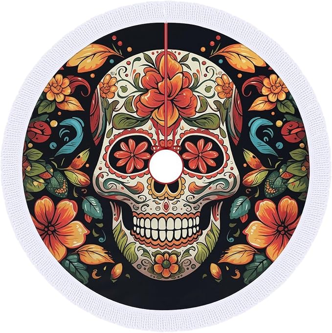 Christmas Tree Skirt - Colorful Sugar Skull Xmas Tree Mat with Tassels, Christmas Decorations Gifts for Farmhouse Holiday Decor, Indoor Outdoor Winter Party Decorations 48"x48" - sugar skull christmas decorations