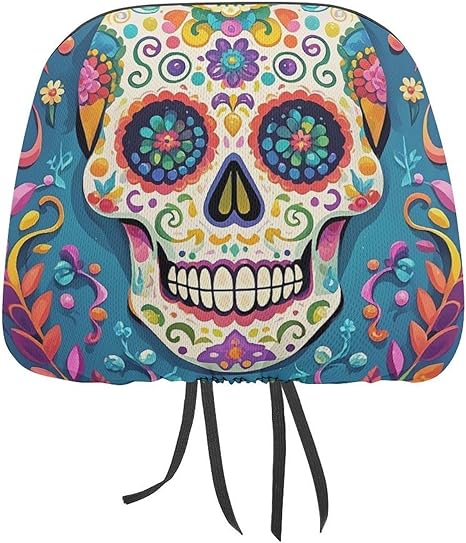 1 PCS Car Headrest Covers Soft Breathable Head Rest Cover Protector Colorful Sugar Skull Headrest Covers Personalized Cars Seat Head Rest Cover for SUV Sedan Trucks Cars Accessories - sugar skull car seat covers set