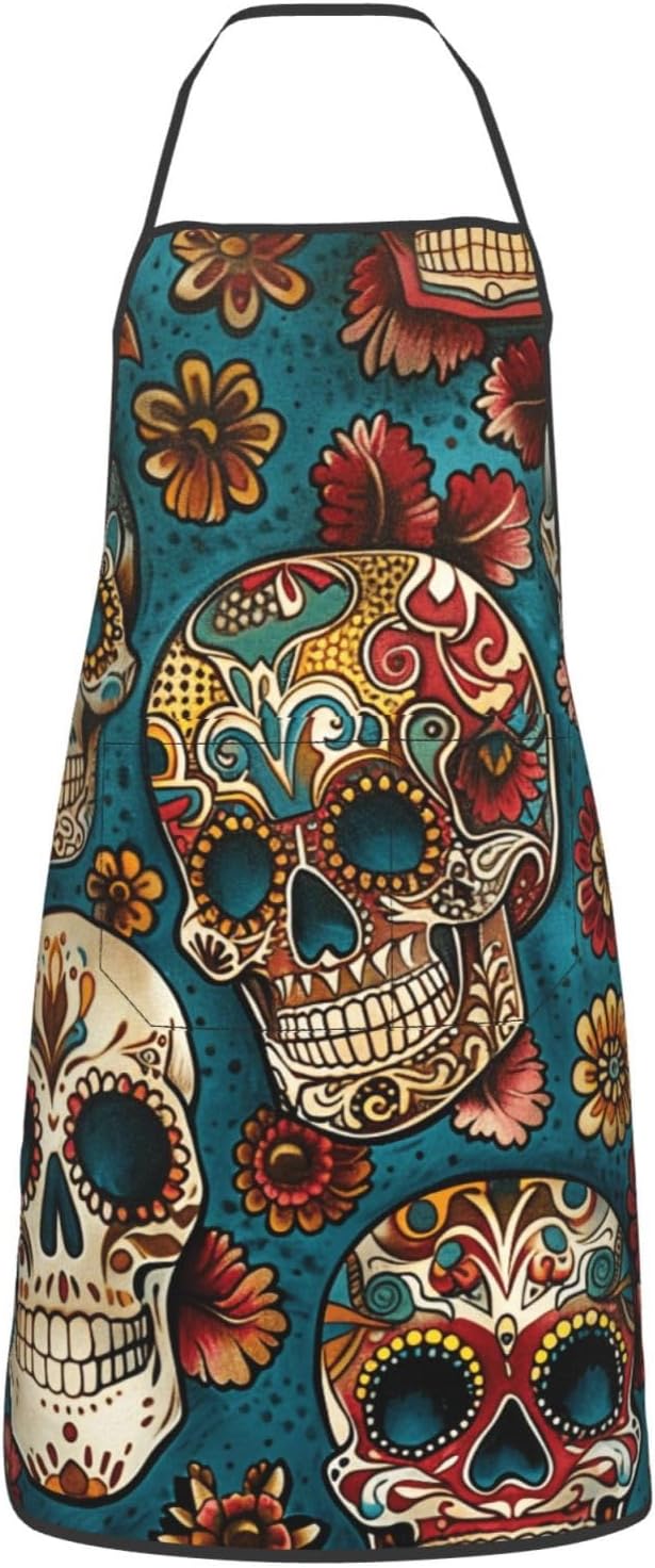 Sugar Skulls Print Printed Adjustable Chef Apron with Pockets - Unisex Cooking Apron for Kitchen Grill Painting & Restaurant Use - sugar skull apron for women