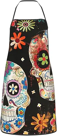 Sugar Skulls Printed Adjustable Chef Apron with Pockets - Unisex Cooking Apron for Kitchen Grill Painting & Restaurant Use - sugar skull apron for women