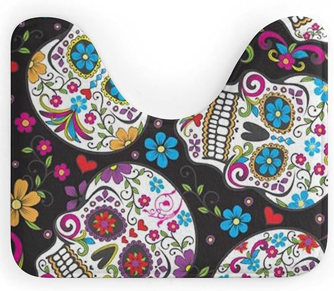 Flower Sugar Skull Floor Mat Non-Slip Comfort U-Shaped Toilet Mat Ultra Soft Easy Clean Bathtub Rug Super Absorbent U-Shaped Rug for Bathroom Dressing Table Guest Room - sugar skull floor mat