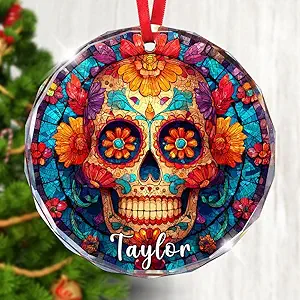 Personalized Sugar Skull Christmas Ornament - Glass Mexican Christmas Ornaments for Tree Decorations - Custom Sugar Skull Gifts for Women Men - Mexican Holiday Decor for Women - Gift Exchange - sugar skull christmas ornament
