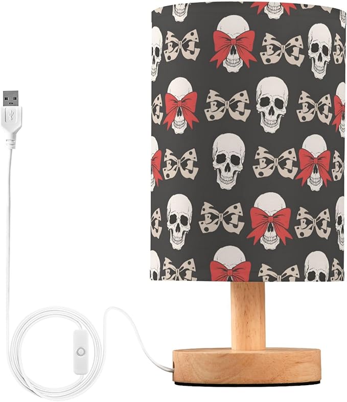 ALAZA Sugar Skull Bow Black Decor Bedside Table Lamp with USB Port for Bedroom Nightstand Office Desk LED Bulb Included - sugar skull table lamp