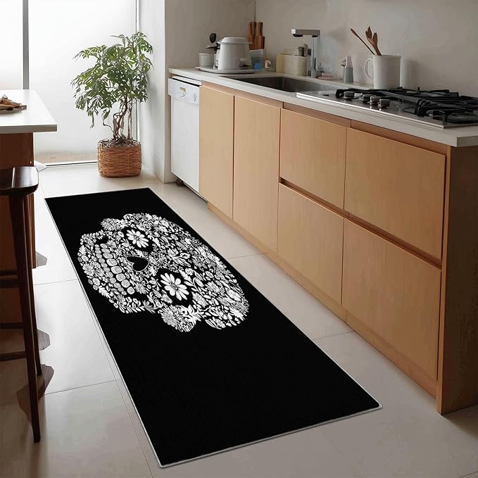 Dark Style 2.5 x 7 ft Hallway Runner Rug, Simple Flowers Sugar Skulls Carpet Non-Lip Washable Farmhouse Kitchen Runner Area Rug Carpet for Entryway Laundry and Living Room - sugar skull area rug