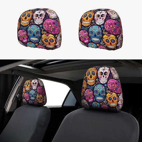 2 PCS Car Headrest Covers Stretch Breathable Cars Head Rest Protector Sugar Skulls Headrest Covers for Cars Elastic Seat Head Rest Cover Car Accessories Universal Dust Cover for Truck SUV - sugar skull car seat covers set