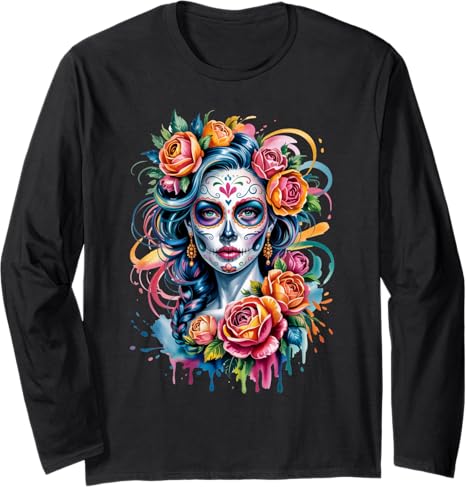 Halloween Dia De Los Muertos Sugar Skull Tees - sugar skull long sleeve shirt mens