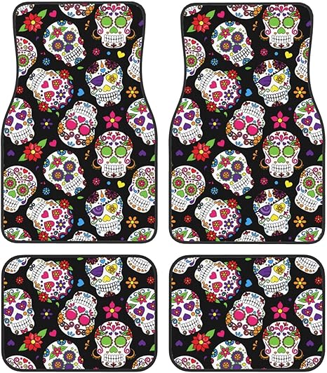 Car Mats Set of 4 Day of The Dead Sugar Skull Floor Mats for Cars Universal Front Rear Vehicle Rugs Auto Accessories for Truck Sedan - sugar skull floor mat