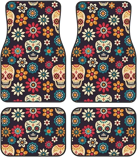 Car Mats Set of 4 Halloween Ghost Sugar Skull Floor Mats for Cars Universal Front Rear Vehicle Rugs Auto Accessories for Truck Sedan - sugar skull floor mat