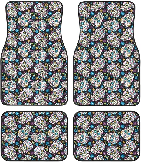 Car Mats Set of 4 Sugar Skulls Art Floor Mats for Cars Universal Front Rear Vehicle Rugs Auto Accessories for Truck Sedan - sugar skull car floor mats